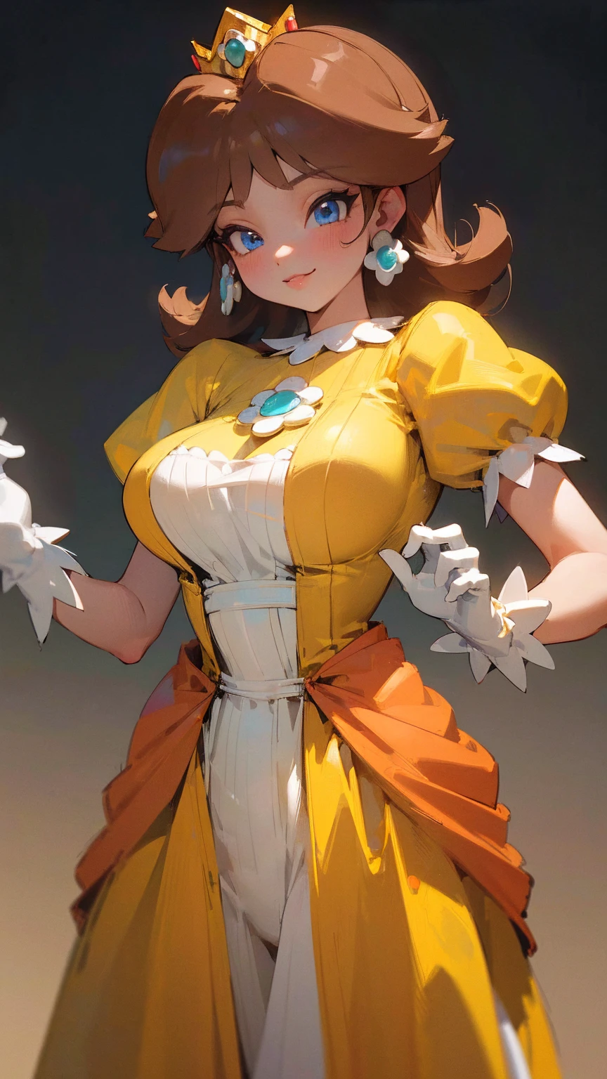 ((masterpiece,best quality,ultra-delicate,Perfect Face,detailed eyes,16k,high resolution,very beautiful girl)), princess daisy, yellow princess dress, white gloves, brown hair,large breasts,cowboy shot,smile,energetic