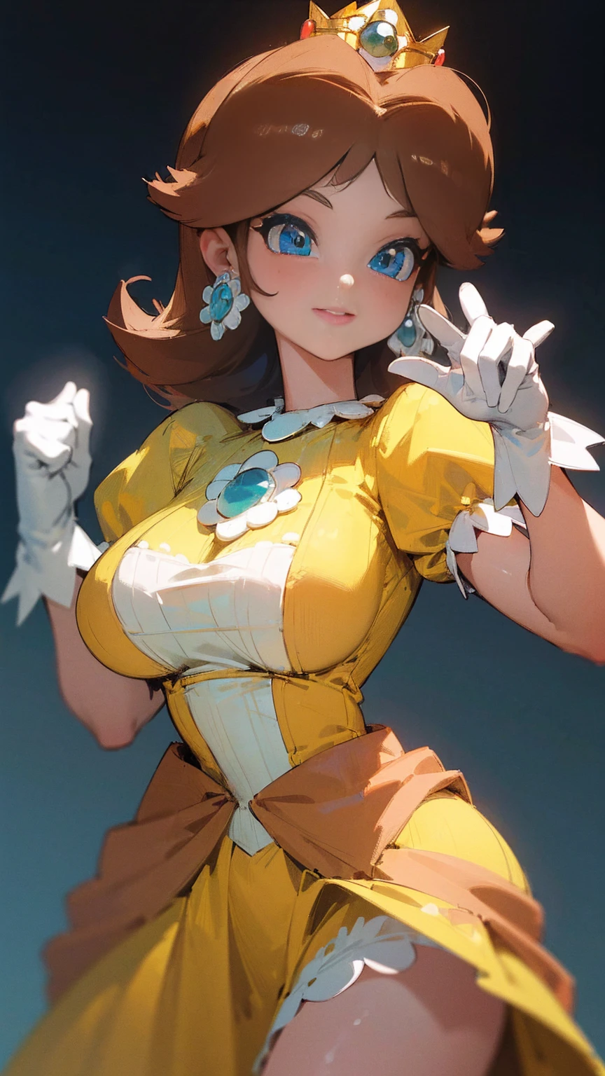 ((masterpiece,best quality,ultra-delicate,Perfect Face,detailed eyes,16k,high resolution,very beautiful girl)), princess daisy, yellow princess dress, white gloves, brown hair,large breasts,cowboy shot,smile,energetic