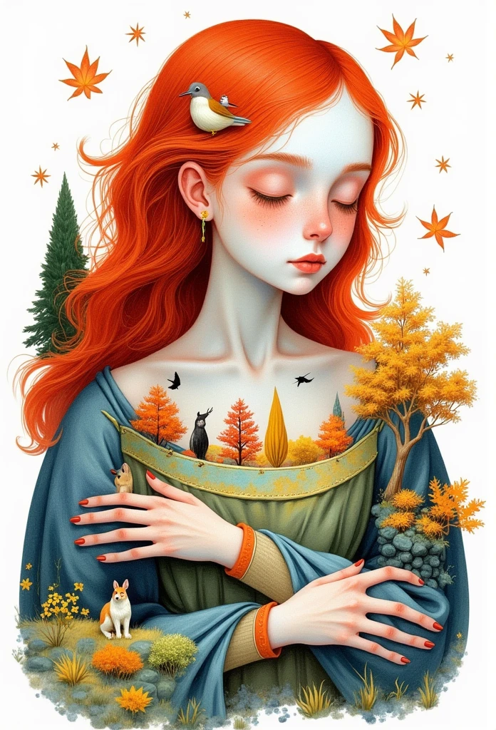 painting of a woman with a bird and a bird on her shoulder, beautiful digital art, autumn goddess, beautiful digital art, very beautiful digital art, beautiful art illustration, beautiful digital art, beautiful digital art, beautiful autumn spirit, beautiful digital illustration, beautiful fantasy art, red haired goddess, very beautiful fantasy art, exquisite digital illustration, Goddess of Nature, her hands hidden behind autumn plants