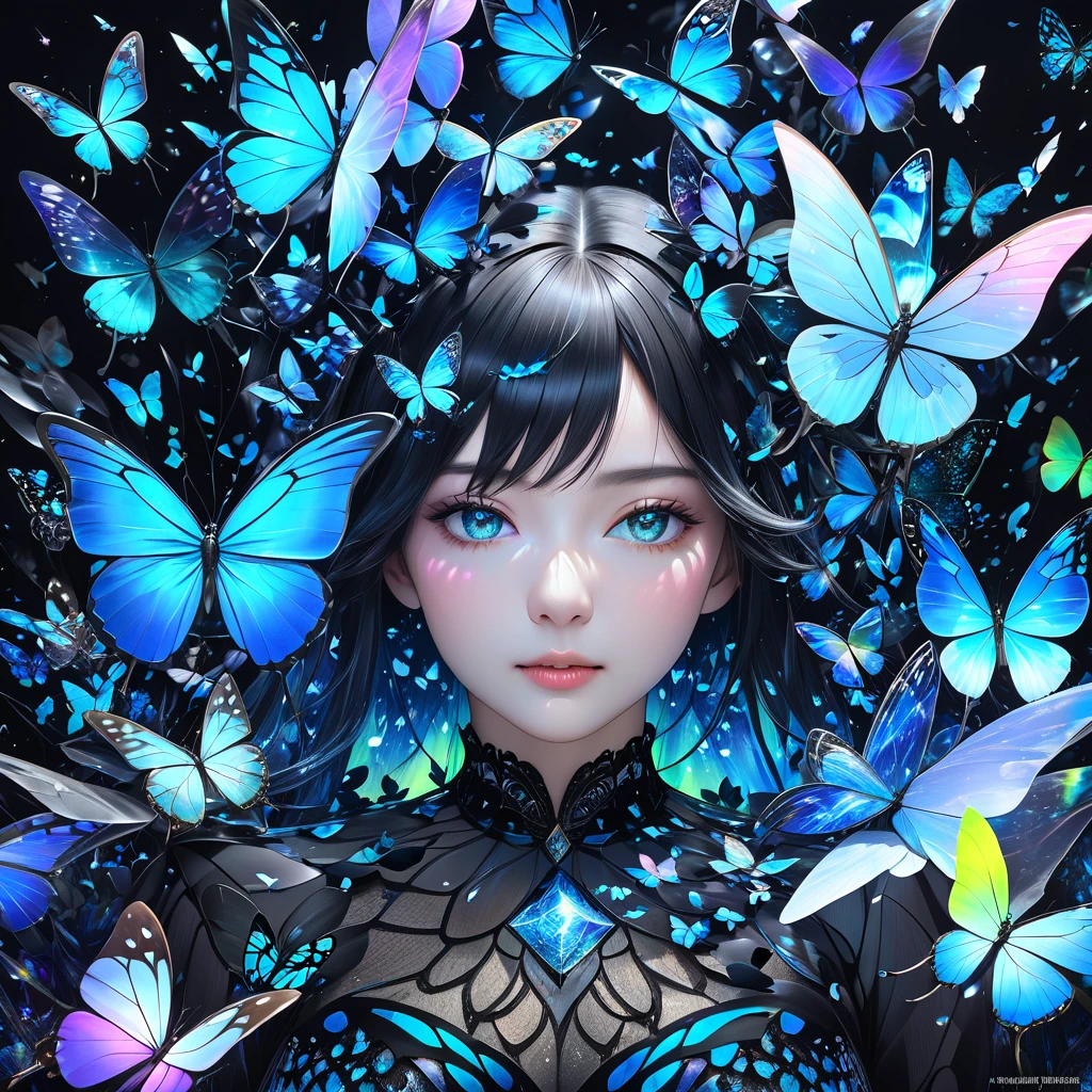 countless jet black petals and many deep blue butterflies, fusion of holograms and Aurora Diamond Vision, 2.5D, artistic photography, hyper realistic, digital graphic CG, BREAK ultra detailed, absolutely resolution, best quality