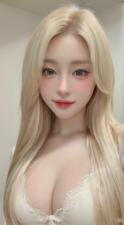 (realistic、masterpiece、Best Quality、8K、highres、white background, high resolution:1.3)、1 chubby girl:1.3)、smile, looking at viewers, black lace bikini、pale white skin、very blond hair ,very pale skin, extremely pale blonde hair, ivory pale skin, very white skin, pale skin, very pale white skin, very pale white skin,white skin and pale porcelain, white and pale skin, fair and pale skin!!, long blonde hair, looking at viewers、super fine face and eyes、long blonde hair、 ((full breasts:1.3)), indoor、 upper body、