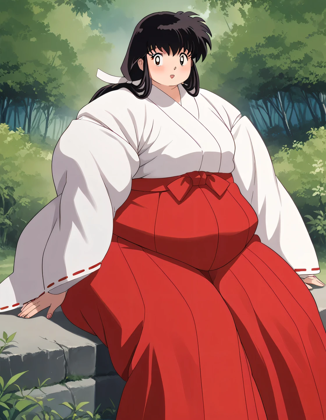 score_9, score_8_up, score_7_up, source_anime,
kagomehigurashi, kagome higurashi, long hair, black hair, retro artstyle, brown eyes,  open mouth,
, skirt, long sleeves, japanese clothes, hakama, hakama skirt, miko, red hakama, 
outdoors, forest, nature,
looking at viewer,  fat, chubby, obese, gigantic arms and legs,  sitting, blush, detailed face, perfect quality