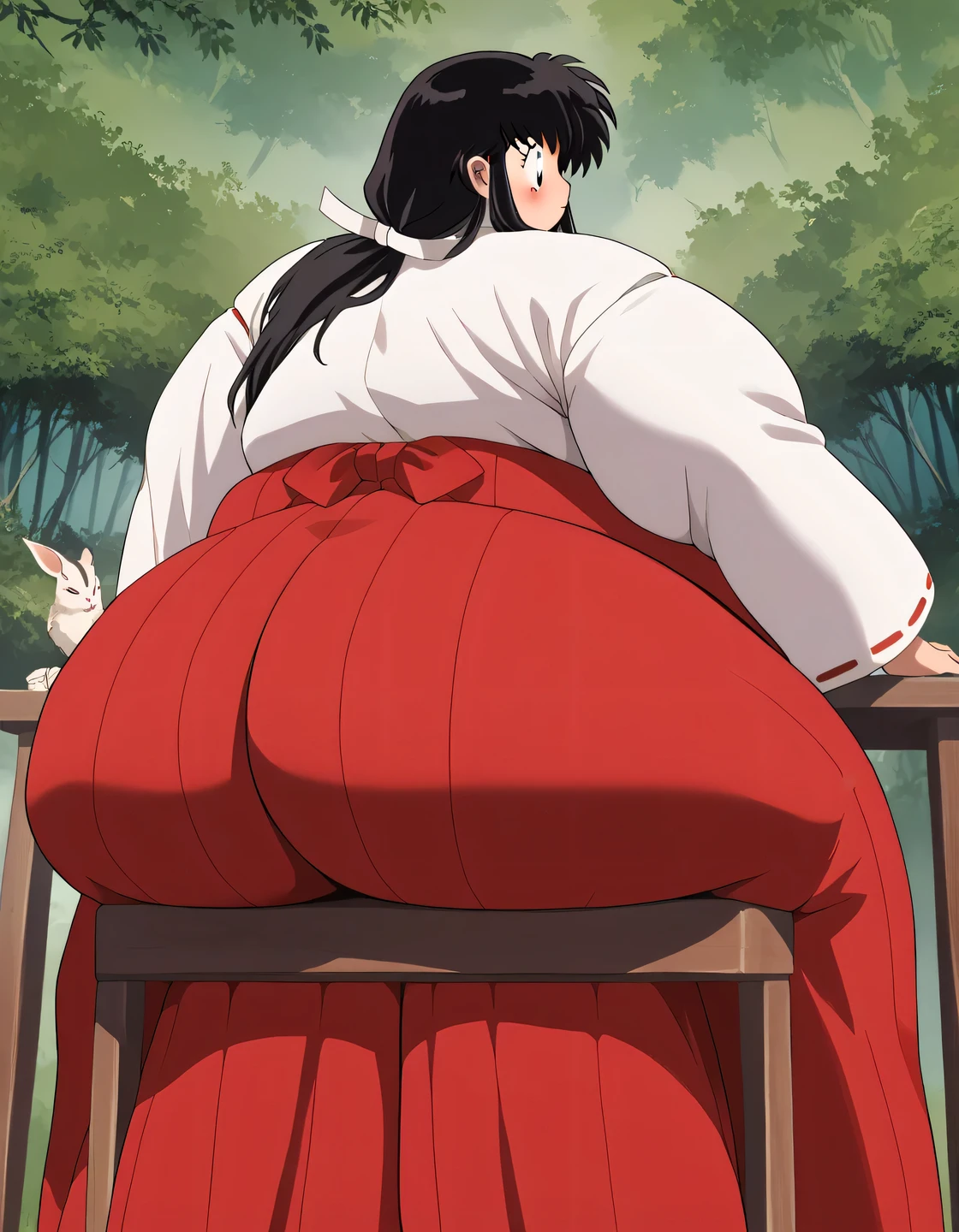 score_9, score_8_up, score_7_up, source_anime,
kagomehigurashi, long hair, black hair, retro artstyle, black eyes, blush,
 skirt, long sleeves, japanese clothes, hakama, hakama skirt, miko, red hakama, 
outdoors, forest, nature,
looking at backside,  fat, chubby, obese, gigantic arms and legs,   perfect quality, detailed face, sitting on a chair, huge ass