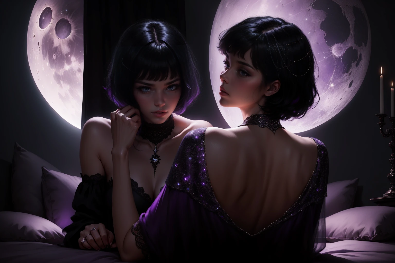 moonlight, woman 30 years old, witchcraft, magician,magic clothes, where magic is around, a woman (hutless), short black hair (black hair), (bangs), (purple eyes), darrk room and purple stars. Indifferent look , merciless, laying on the bed, backwards, looking back, sexy, Angry face, dinamic poses, egoist smile, dark atmosphere, gothic, intrigant,