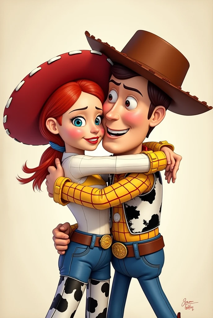 Jessie hugging Woody very tight and Woody looking scared.
