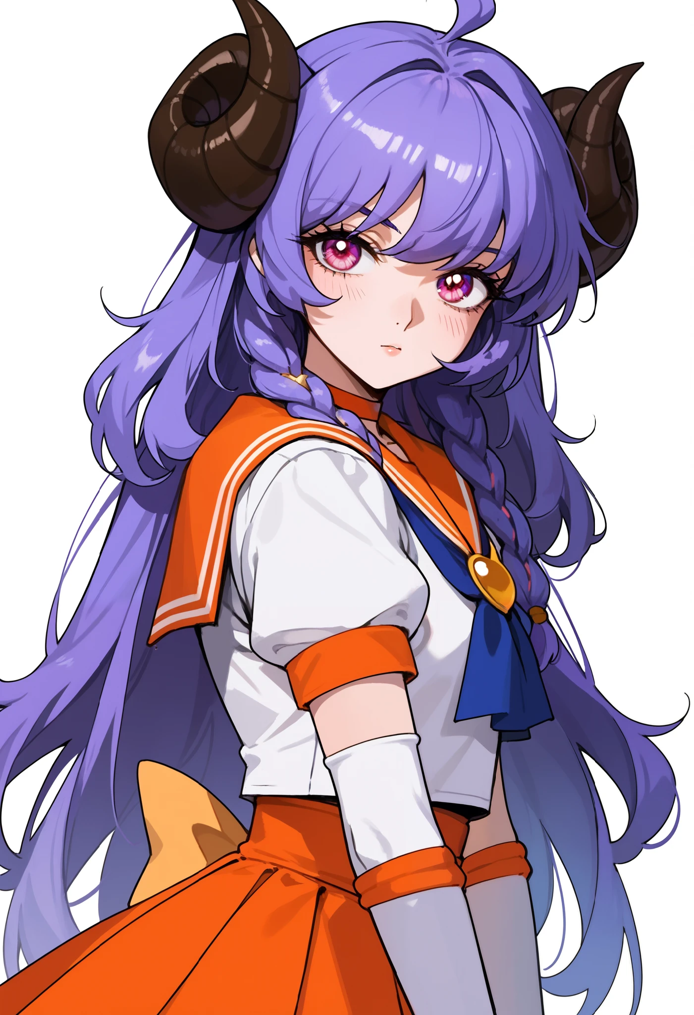 Masterpiece, anime, 1girl, Sbkin, sheep girl, long hair, purple hair, braids, curved horns, pink eyes, ahoge, back bow, choker, elbow gloves, gloves, jewelry, magical girl, orange choker, orange sailor collar, orange skirt, sailor collar, sailor senshi uniform, school uniform, serafuku, skirt, white gloves, upper body, leaning forward, neutral, serene, head tilt, white background, simple background, score_9, score_8_up, score_7_up, unaestheticXL_bp5