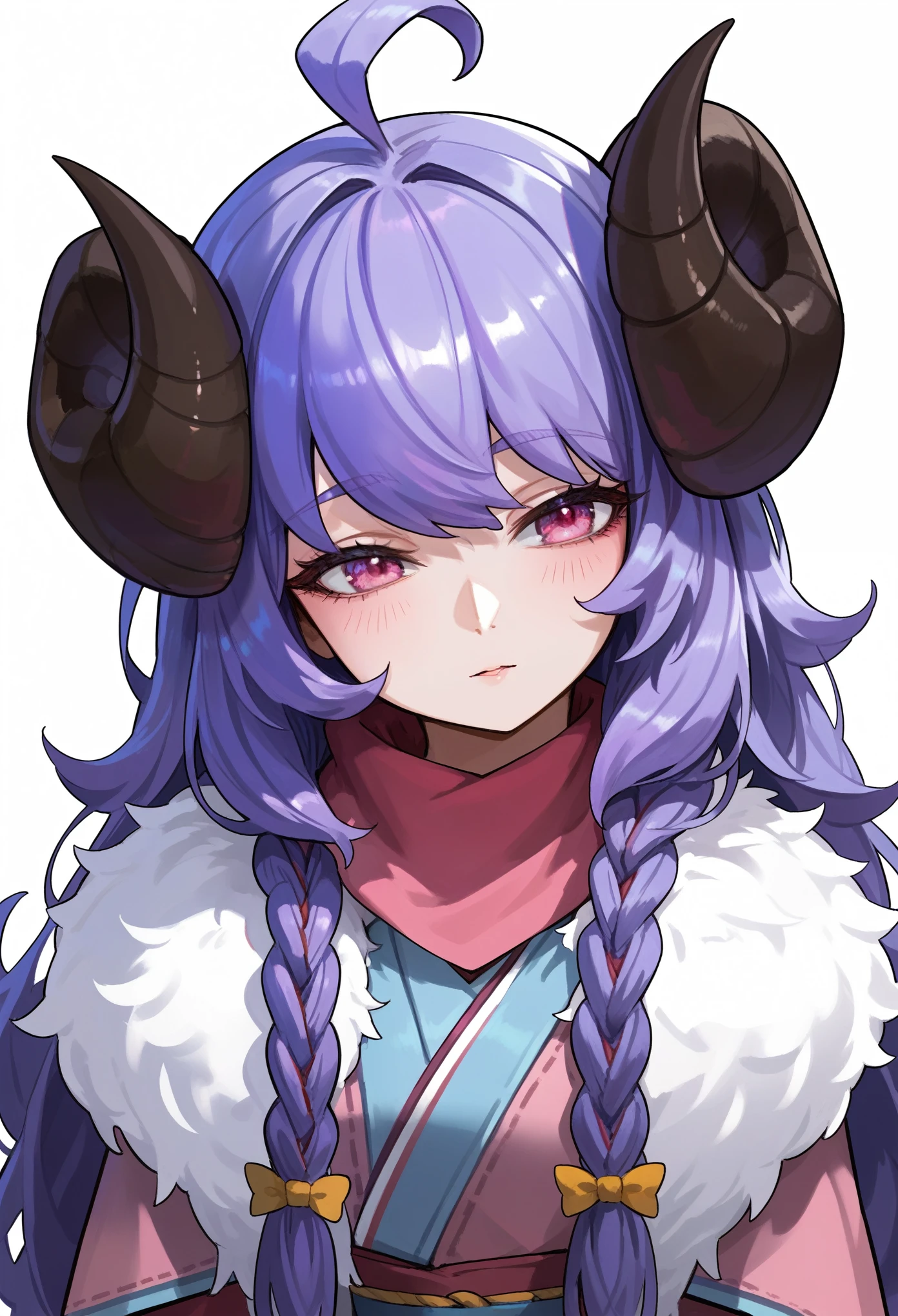 Masterpiece, anime, 1girl, Sbkin, sheep girl, long hair, purple hair, braids, curved horns, pink eyes, ahoge, japanese clothes, scarf, fur trim, upper body, leaning forward, neutral, serene, head tilt, white background, simple background, score_9, score_8_up, score_7_up, unaestheticXL_bp5