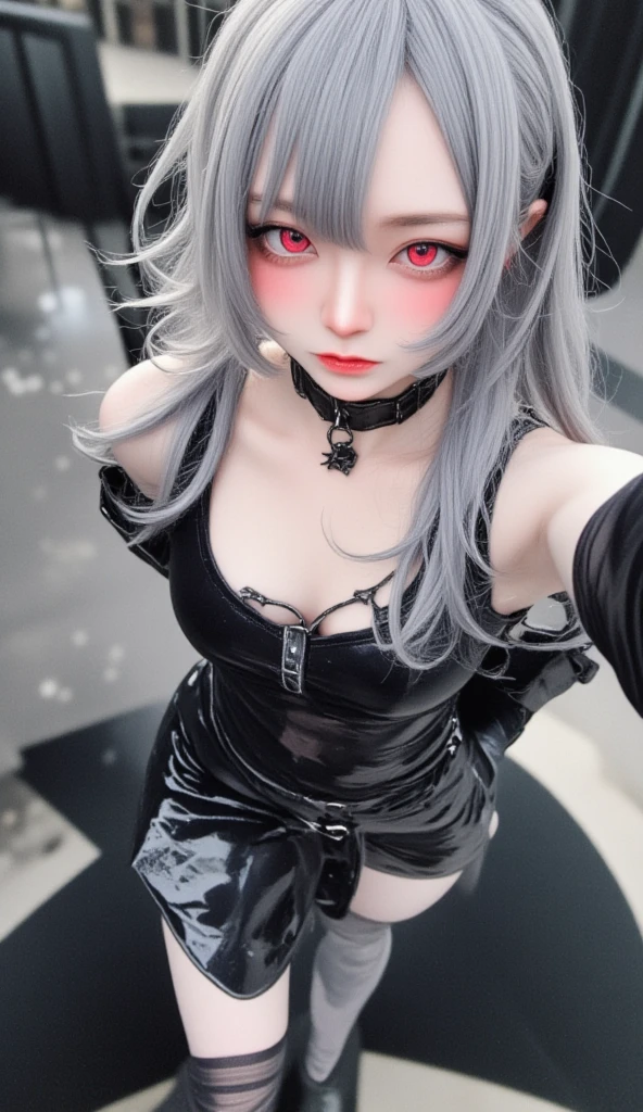  best quality、masterpiece、 RAW photo、film grain、Beautiful grey haired girl with 、 sharp red eyes, red eyes, Expressionless,Barbed Wire Choker, black nail , tight fitting tank top,  small panties,  tangy nipple prongs , Reflective Dress、Outdoor、