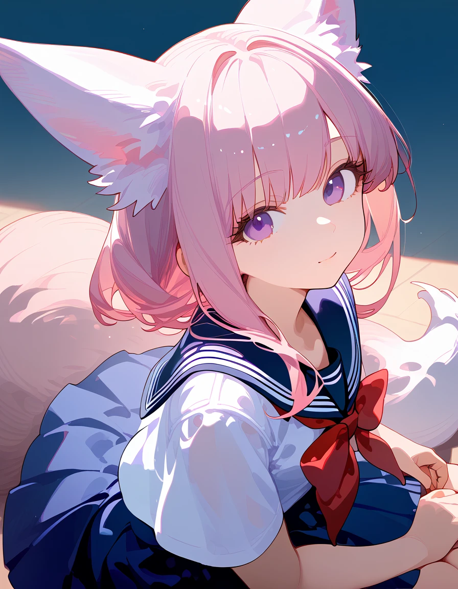 Beautiful anime girl, long pink hair, purple eyes, fox ears, fox tail, beautiful, ethereal, light skin, (school uniform:1.2), ultra detailed. score_9, score_8_above, score_7_above, looking at viewer, posing. +((☺️))