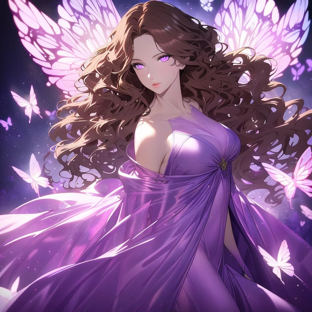 girl, brown hair, wavy hair, long hair, glowing purple eyes, magical silk fabric, mature, silk fabric blowing in the wind, gorgeous, beautiful background, super detail, beautiful color, glowing butterfly, angel,