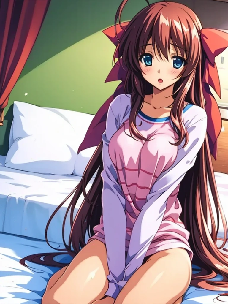 Anime illustration, Kanzaki_Aoi, Alone, One girl, Long Hair, Brown Hair, red hair ribbon, blue eyes, room wear, on bed, bed room,