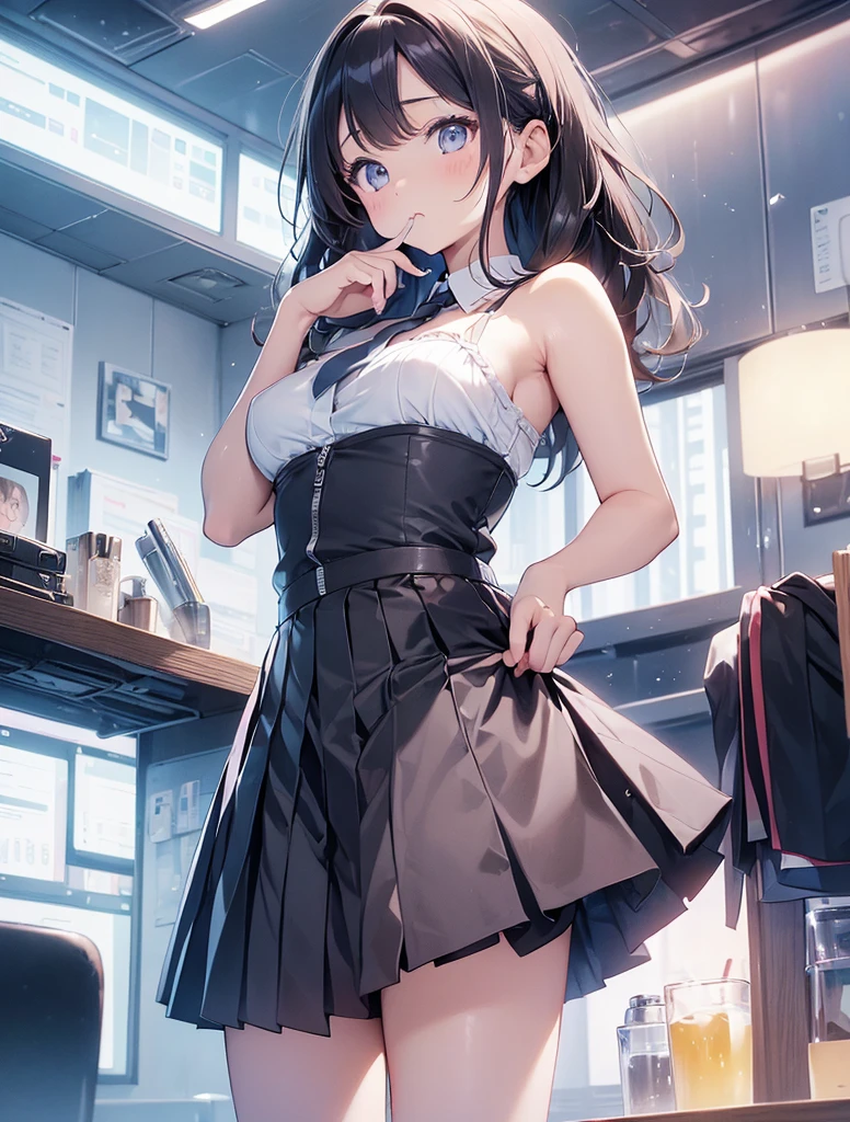 schoolgirl, dark hair, cute, pregnancy, belly, big breasts, nice lingerie, perfect face, blue eyes, underskirt view, skirt, raised leg, domineering look, view between the legs, lace panties, panties visible, hands on the edges of the skirt, panties peeking out, view from the under of the skirt, belly, lace lingerie, panty view, sexy girl, smile, teasing look, girlfrend