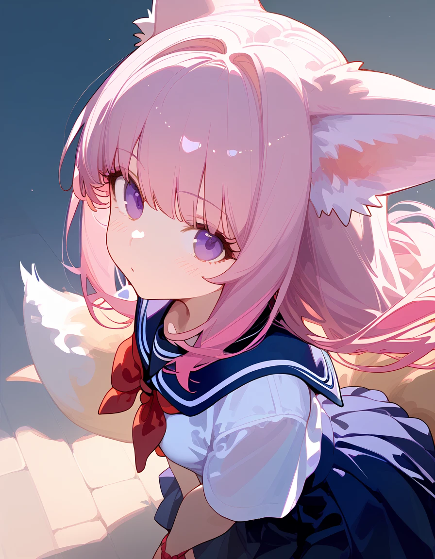 Beautiful anime girl, long pink hair, purple eyes, fox ears, fox tail, beautiful, ethereal, light skin, (school uniform:1.2), ultra detailed. score_9, score_8_above, score_7_above, looking at viewer, posing. +((☺️))