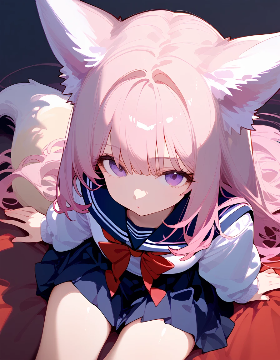 Beautiful anime girl, long pink hair, purple eyes, fox ears, fox tail, beautiful, ethereal, light skin, (school uniform:1.2), ultra detailed. score_9, score_8_above, score_7_above, looking at viewer, posing. +((☺️))