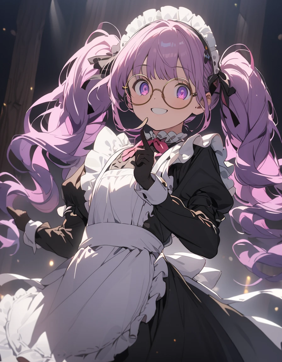 Long purple hair ,  wear maid clothes , fullbody, round glasses, Front Light ,Cute 2D, Front lighting 、( for a woman with bristles、masterpiece、 high definition 、 Details)、animeスタイル、 Flat Style 、(Shining Eyes、 Details美しい顔),  1 girl、extremely  Details、(The Shining),  Best Lighting ,  Best Shadow 、High saturation, anime,  twin tails,  purple hair, pantyhose, violet hair, black gloves, violet eyes, gloves, long sleeves, maid headdress, smile, Round eyes ,  high brightness, Perfect hands, Bright face, noon