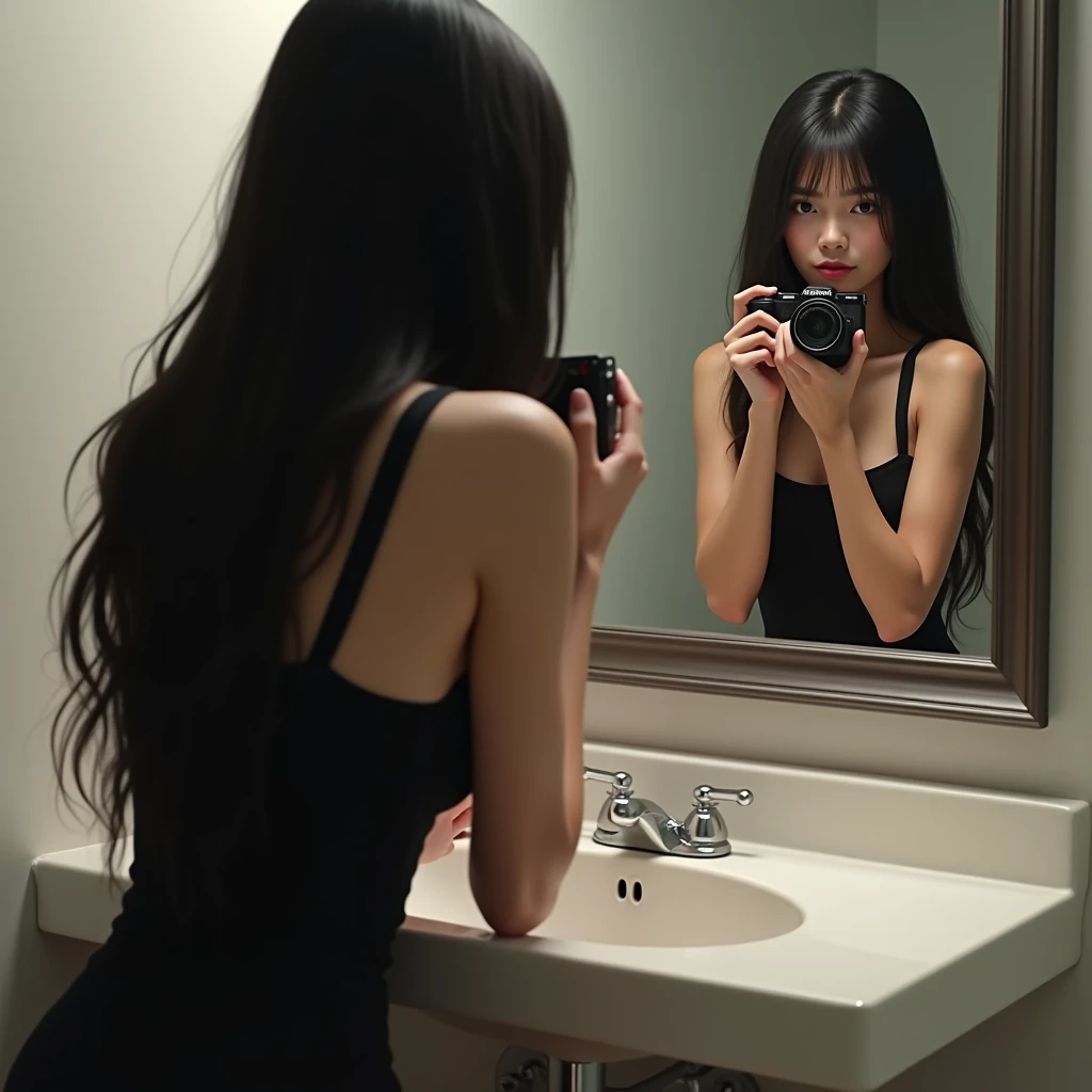 Beautiful girl asian with smooth long hair black, Black dress, she is taking a photo in the bathroom mirror with a cell phone 