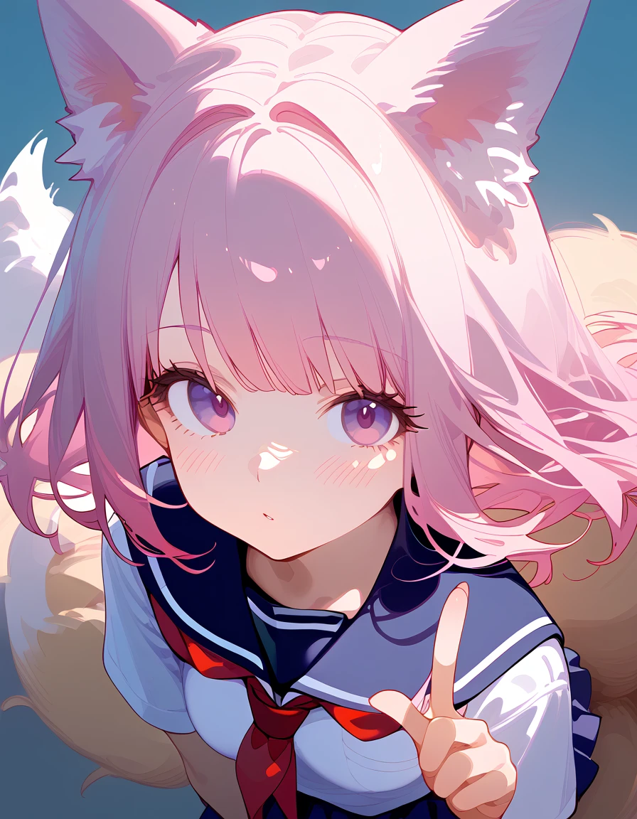 Beautiful anime girl, long pink hair, purple eyes, fox ears, fox tail, beautiful, ethereal, light skin, (school uniform:1.2), ultra detailed. score_9, score_8_above, score_7_above, looking at viewer, posing. +((☺️)) light blush.