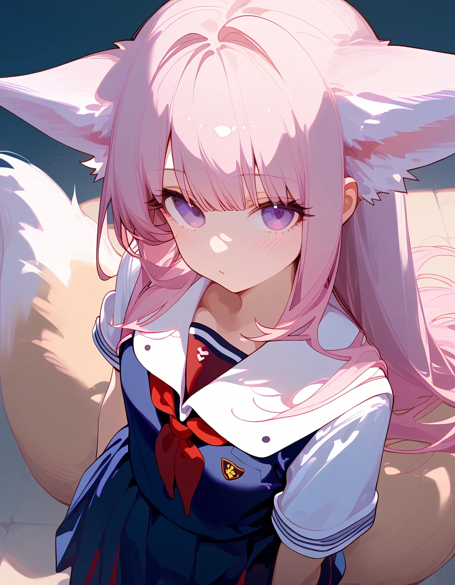 Beautiful anime girl, long pink hair, purple eyes, fox ears, fox tail, beautiful, ethereal, light skin, (school uniform:1.2), ultra detailed. score_9, score_8_above, score_7_above, looking at viewer, posing. +((☺️)) light blush.