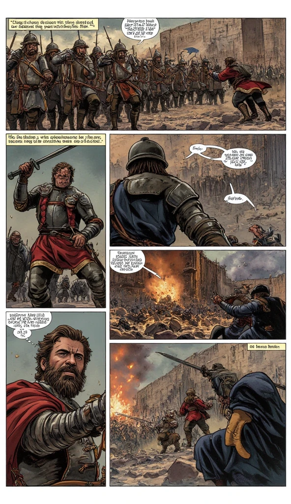 Storyboard, Comic book panel layout with white border, Multi view, Immersive, Go Pro, Action pose, Panels A battle scene.In 1451, a young man came to the Ottoman throne with only one idea: to seize Constantinople. Prudent and methodical, Mehmed (Mehmet) II, nicknamed “the Conqueror,” began by isolating Constantinople diplomatically by signing treaties with the only ones likely to come to his aid: Venice and Hungary. Then, he carried out two diversionary maneuvers, one in Morea and the other in Albania to prevent any dispatch of troops, and undertook the thirtieth siege of the city. weapons and armor of the time." cannons firing, wall falling, heroic and dramatic style, with a focus. "The background should be blurred and dark.