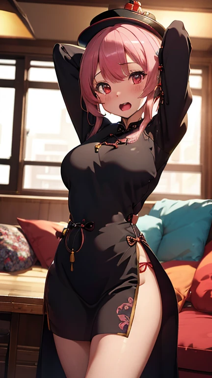 1Yae miko, large breasts,clothes in mouth, cleavage, navel, t-shirt, ((bra)),clothes lift, shirt in mouth, skirt, lying, full Body,sexy body,sitting