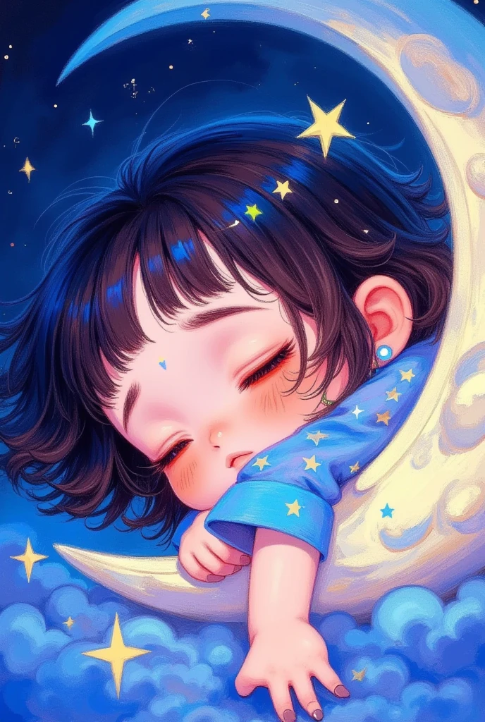 睡在moon上的天使的特写镜头, Star，moon， exquisite digital art, 可爱的数字艺术, Lovely art style,  cute digital painting , Realistic cute girl painting,  Lovely illustrations , Exquisite painting style,  Dreaming of Flying Through the Sky ,  可爱的细节艺术品 ,  软萌动漫插画, author：Li Song, author：The J, Beautiful digital illustrations