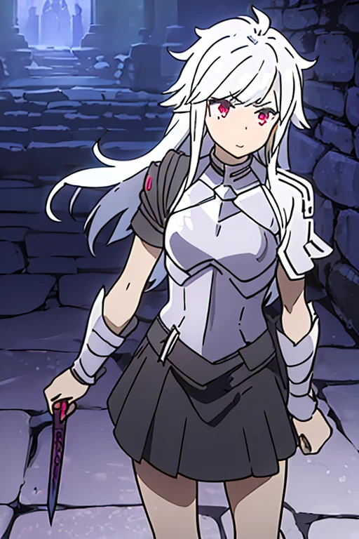 ((Is it wrong to try to date someone in a dungeon? · feminization · berclanelle · gender · long hair · skirt · glowing dagger · white hair · girl · in battle · monster · breastplate · 1girls · solo)))