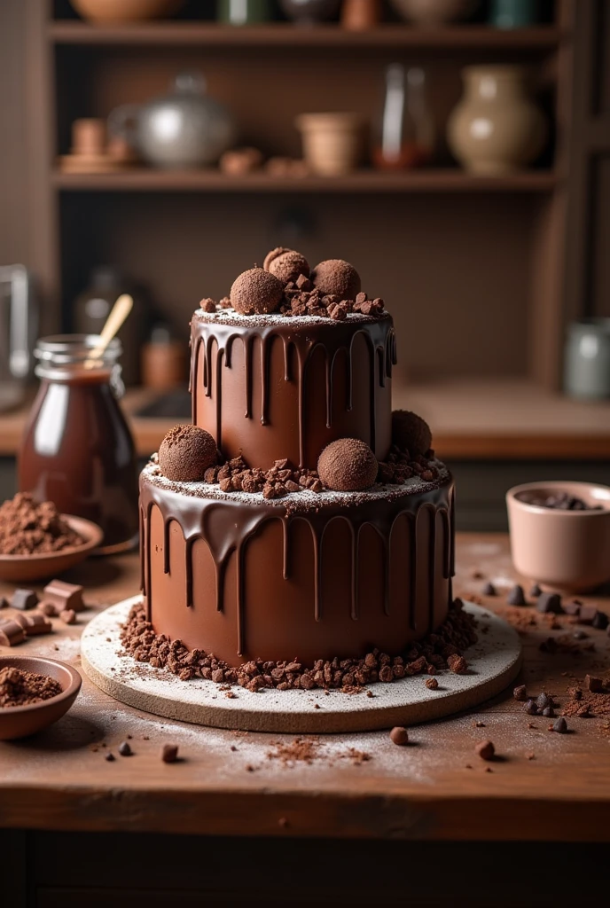 A beautiful chocolate cake on a nice table decorated with lots of chocolates next to it 