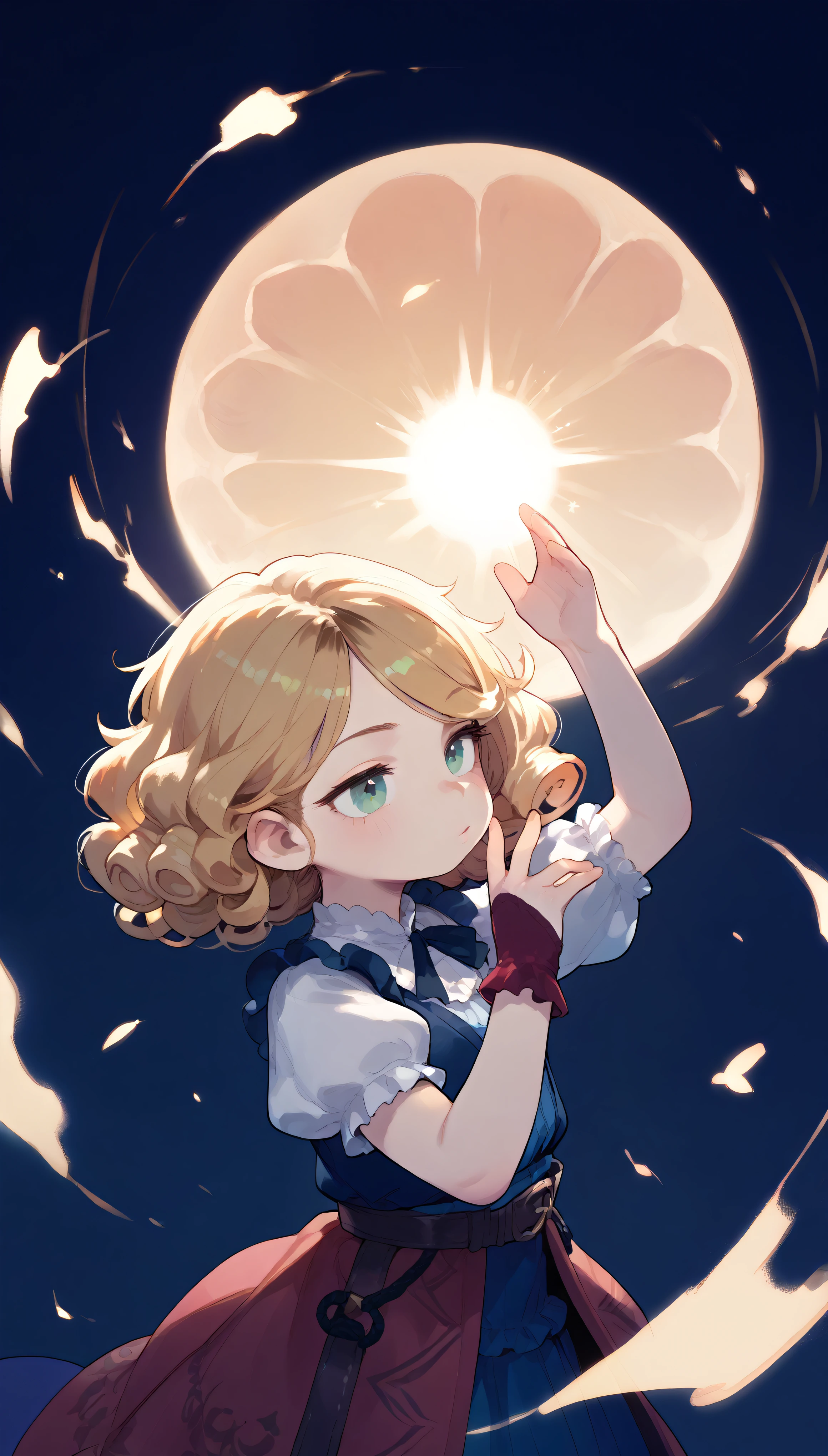 Anime girl with a red cape and a blue dress holding a star - SeaArt AI