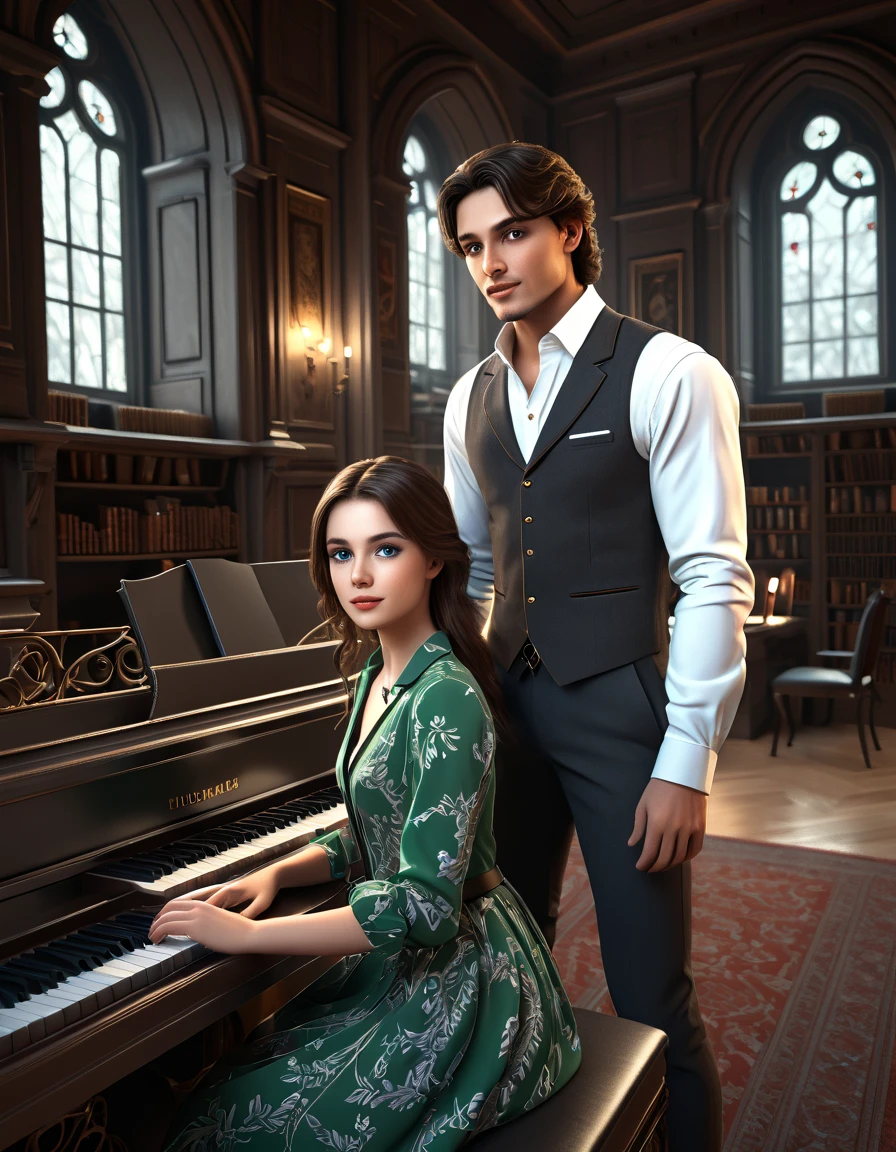 sketch is sitting at the piano and playing it by a 22-year-old man  ((with brown eyes)), Beautiful, brown short hair in a white shirt,  dark gray classic vest , black trousers ,  and next to the man, leaning on the piano, there is a 22-year-old girl with brown long hair and blue eyes,  in a short emerald dress, a modern room with a piano and a window in it , gothic epic library concept, gothic epic library, gothic library, alchemist library , unreal engine render concept art, castle library, dusty library,  unreal fantasy art engine, ancient library, library of ruina concept art, photorealistic dark concept art,  dramatic lighting . concept art, inside a castle library, Старая библиотека photo realistic illustration, hyper realistic illustration, realistic illustration, photorealistic detail , hypper realistic illustration, extreme realistic detail, photorealistic detail ed picture, с unreal engine render concept art, ), Ultra-detailed and beautiful face,( Gentle facial expression :1.1),translucent white skin,(Реалистичный skin texture:1.1), , Bold design , Art design ,Beautiful and detailed pattern, Detailed fabric texture, ((1 man, 1 girl))