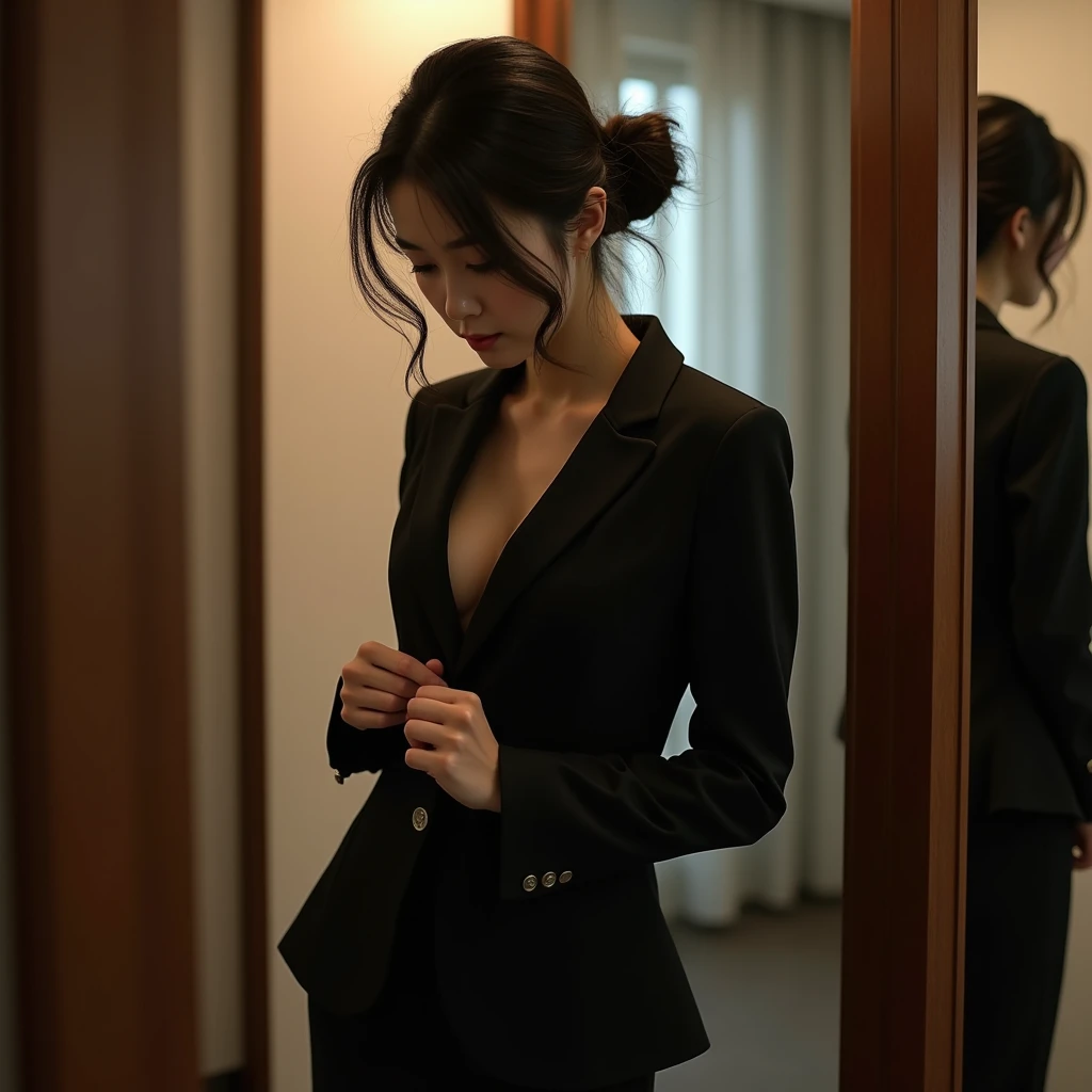 wedding, skirt, Black formal wear, whole body, Small breasts, slender, 40 year old Japanese, woman, Beautiful face, Are thin, office, Highest quality, Ultra-high resolution, (realism: 1.4), Depth of written boundary, Beautiful Face, (Purelos Face_v1: 0.8), Two people,Natural Makeup,