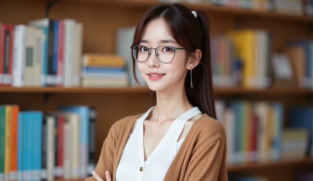   (8k, RAW photo, best quality, masterpiece), (photo realistic), outstanding details, ultra-high resolution, anatomically correct, textured skin, ((Extremely precise and accurate anatomy)),

A cute 35-years-old Japanese woman, librarian arranging books in the library, 

(fearless smile:0.1),  
(Downturned Eyes), (kind eyes:1.2) , kind Gaze, 
(chignon:1.4), low chignon, (Rimless round glasses), 
(light makeup) , 

looking at viewer, 
pupils sparkling,  thin lips, Mouth slightly open, 
dark brown hair, Forehead, 
(white simple summer sweater) , ( simple cotton Light brown flared skirt) , 
Earrings, Necklace, 

(background Spacious library interior, bookshelves), 
(backlighting), 
reflection light from below, 
atmospheric perspective, depth of field, 
(dramatic lighting), cinematic lighting, 