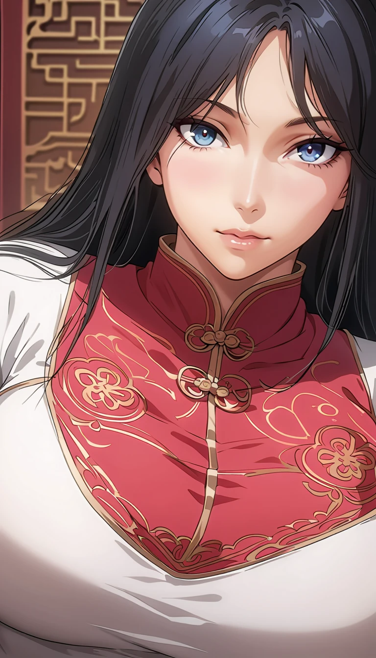 (art: 1.2), (best quality: 1.2) 1 woman, mature teenager, 1.85 cm tall, appeared to be around 20 years old, had long dark black hair, straight and shiny hair loose, black eyes, extremely detailed eyes, perfect eyes, extremely realistic eyes, well-aligned eyes, long eyelashes, anime style, extremely beautiful face, shy face looking at the viewer, delicate and mature face, full lips, mature, clear skin, natural body, SEXY BODY, milf body, with hands on her waist, perfect hands, detailed hands, hands well proportioned to the body, realistic hands, arms with good anatomy, she wore a white dress with blue cutouts on the sleeves with a long decorated skirt Chinese style in deep blue, the dress still couldn't hide her extremely large and huge breasts that were hanging down due to her size, thick thighs fully covered, wide hips, looking at the viewer with a shy and embarrassed expression, the background The scene became passes by an oriental-style Chinese pavilion, posing alone looking at the viewer.