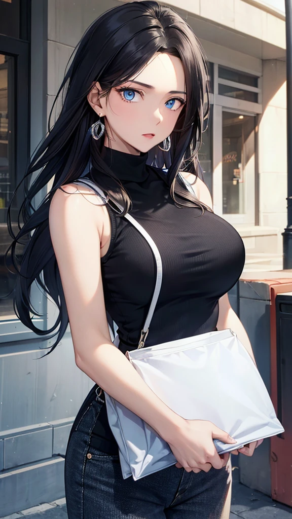 (masterpiece,best quality,highres,ultra-detailed),black hair woman,dark blue eyes,seductive eyes,long hair,(sweater:1.1),(turtleneck:1.1),street,standing,(sleeveless top:1.4),nice breasts,bag,braceley, earrings,cowboy shot,
