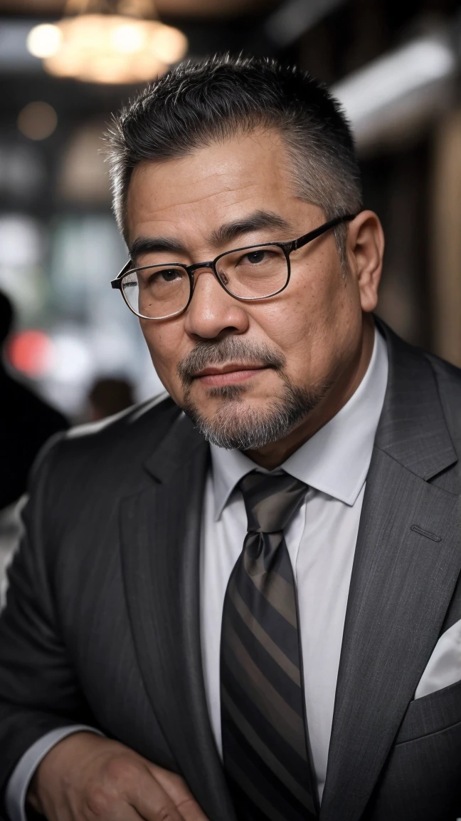  middle-aged Asian fat man ，整齐的Short hair，Neat beard，Wearing glasses， has a round face ，The round body ， has an obvious beer belly ， Soft, natural light shines from above ， Black Leather Shoes 。  has a gentle and serious expression on his face，Has a father caring for his son ，and also shows its unique male charm. } Small head tall Mature Man , portrait, Military hairstyle  , pale,   Athlete's Body  ,  background is a ruined city , ( highly detailed skin:1.2), 8K uhd,  DSLR , Global Illumination,  high quality , Fuji XT3,  clearly focuses , 发光二极管, smoke, artillery, spark, frame, system unit, motherboard,  and also shows its unique male charm {x} Highly realistic painting by Pascal Blanche Rutkowski on Artstation,  detailed character design ,  4K resolution blade runner  | Environmental lightning |  hard working atmosphere ,( clearly focuses ,  Highly detailed , Highly complex:1.20), ( natural light:1.2)close up.,Extremely realistic,simulation,simulation红光AF , Poetic countryside. Short hair, small head High target Mature man,  beard ring , Wearing a suit and tie, Wearing a suit and a tie, Wearing a suit和领带,  wearing a shirt and tie , Wearing a business suit, Wearing a suit, Wearing a black and gray suit,  wearing a stylish men's suit , Wearing a suit,  Wearing a strict suit , (8K, masterpiece,  is the best quality,  high resolution,   super detailed  )Elegant！Stylish background！！é"æ{ x} with sleeves , 8K, ！ Muscular ,  chest hair, Furry   chest muscles  ！shirtless,giggle, masterpiece,  is the best quality,  high resolution,  Detailed Background, strong body ,Very,male,  rough and handsome ,Muscle tissue, overdeveloped muscles ,  chest muscles  !Angry  Detailed Background, Frown,  is the best quality, masterpiece,（ Muscular  ）,（White hair ）, 德国 male ！,,portrait侧视图!,handsome male ( Detailed Facial:1.2),, ! High target！