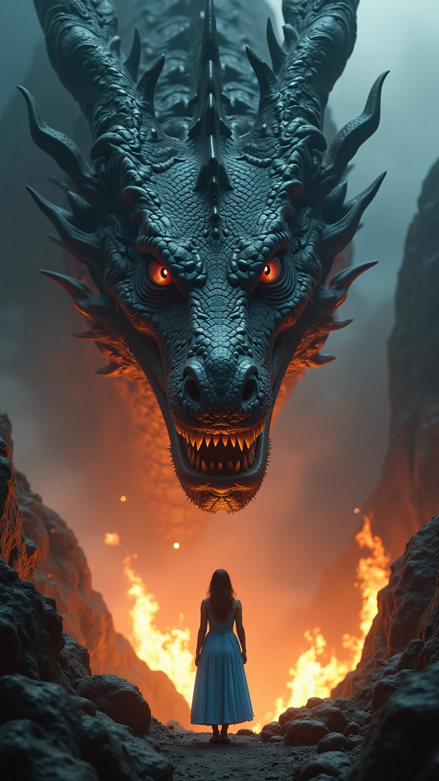 A big fired dragon face at background watching his queen