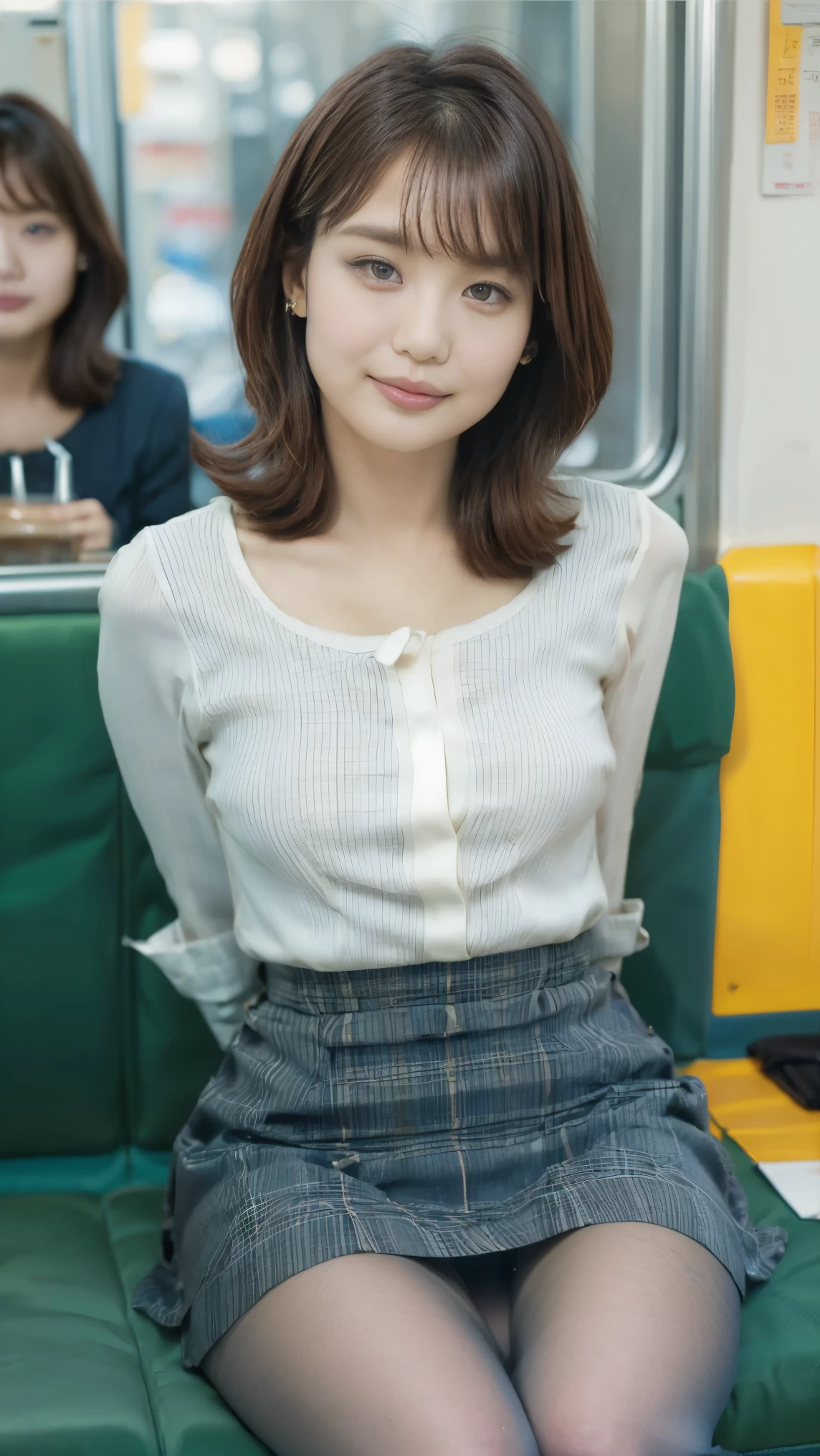 (masterpiece, Highest quality, 8K, RAW Photos, beautifully、aesthetic:1.2), Intricate details, indirect lighting, Realistic, whole body, Sitting on a chair on the train、Staring at the viewers、Voyeur、 Square neck button-down linen sundress, (Ultra-realistic pantyhose)、 Training women , Chair to sit under skirt,uhd,8k,bokeh,sharp focus,super detail face,jspanese girl,beautiful legs,slender,(medium breasts),super detail eyes
