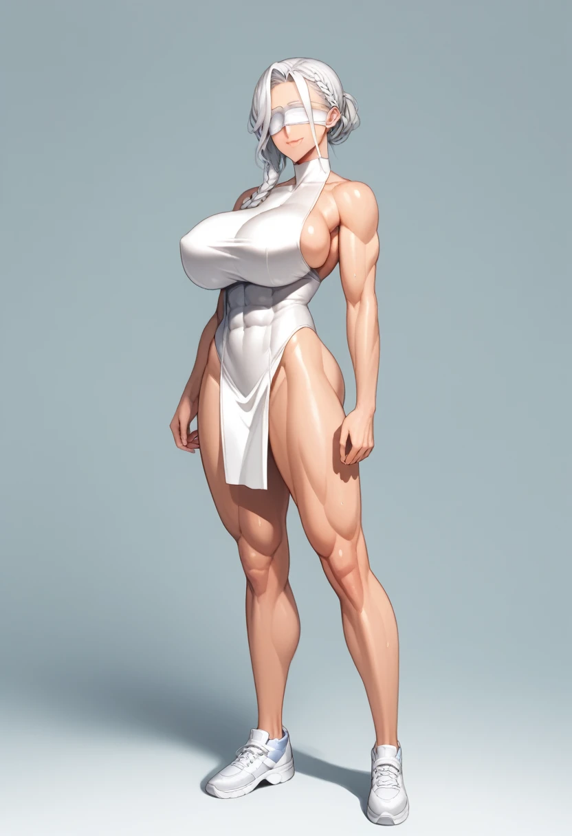 (masterpiece, hiquality: 1.1) 1girl full body standing good face, nice ass, hairstyle: braid, Color Hair: White long hair, Blindfolded: NO EYES, Skin: White (porcelain skin, sparkly skin), muscular, thights, mature woman, abs, looks at the viewer smiling, extremely huge breasts, maternal, chest cover with clothes