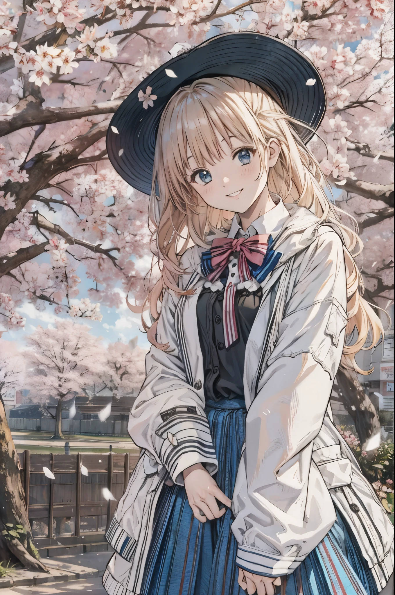 Alice Carteret,  detailed background with white knee-high ,  Cardigans , open  Cardigans , striped bow , Hair accessories,  Blue Pleated Skirt ,   white collared shirt, Outdoor, cherry blossoms,  COWBOY SHOOTING , smile, ((素敵なsmile)),Shy、