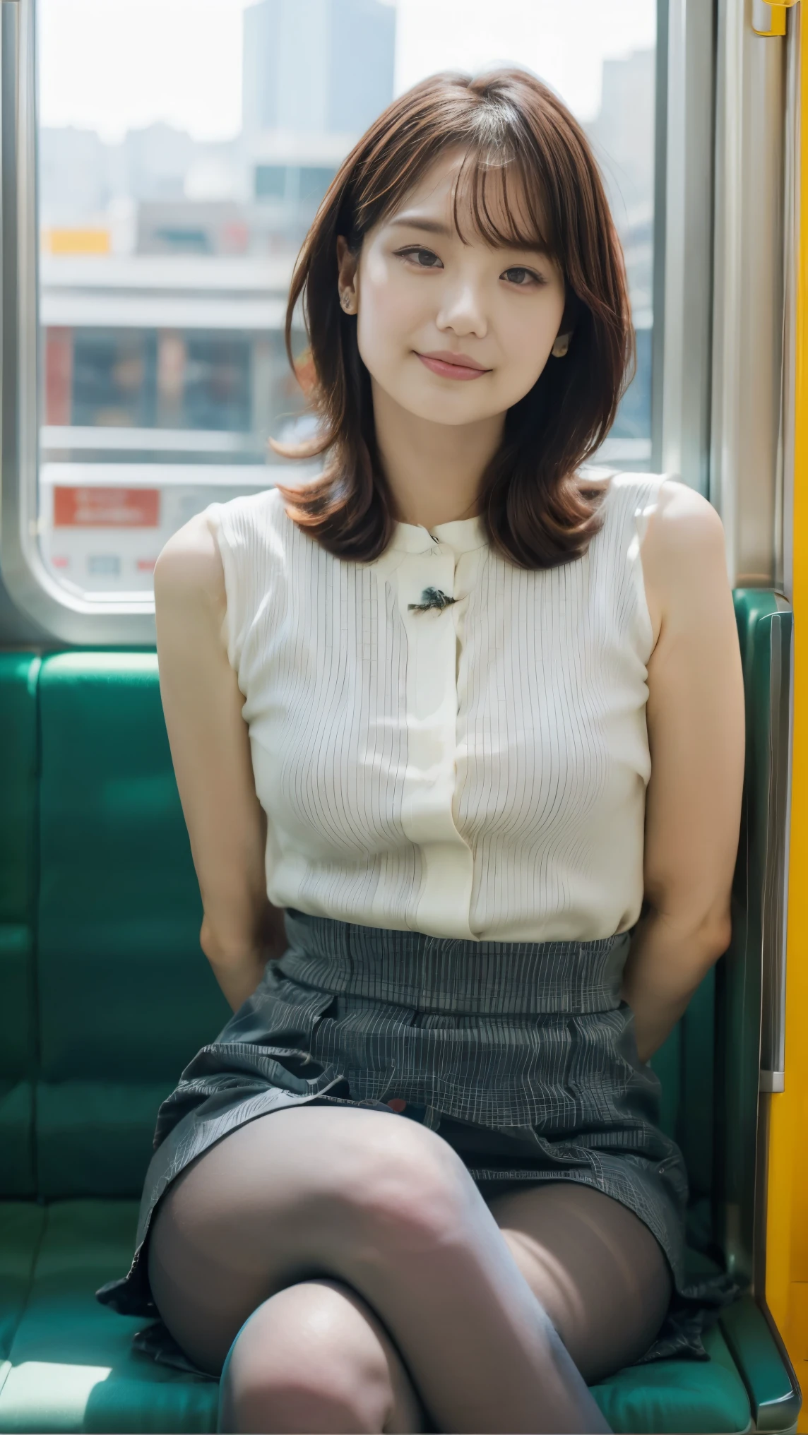 (masterpiece, Highest quality, 8K, RAW Photos, beautifully、aesthetic:1.2), Intricate details, indirect lighting, Realistic, whole body, Sitting on a chair on the train、Staring at the viewers、Voyeur、 Square neck button-down linen sundress, (Ultra-realistic pantyhose)、 Training women , Chair to sit under skirt,uhd,8k,bokeh,sharp focus,super detail face,jspanese girl,beautiful legs,slender,(medium breasts),super detail eyes
