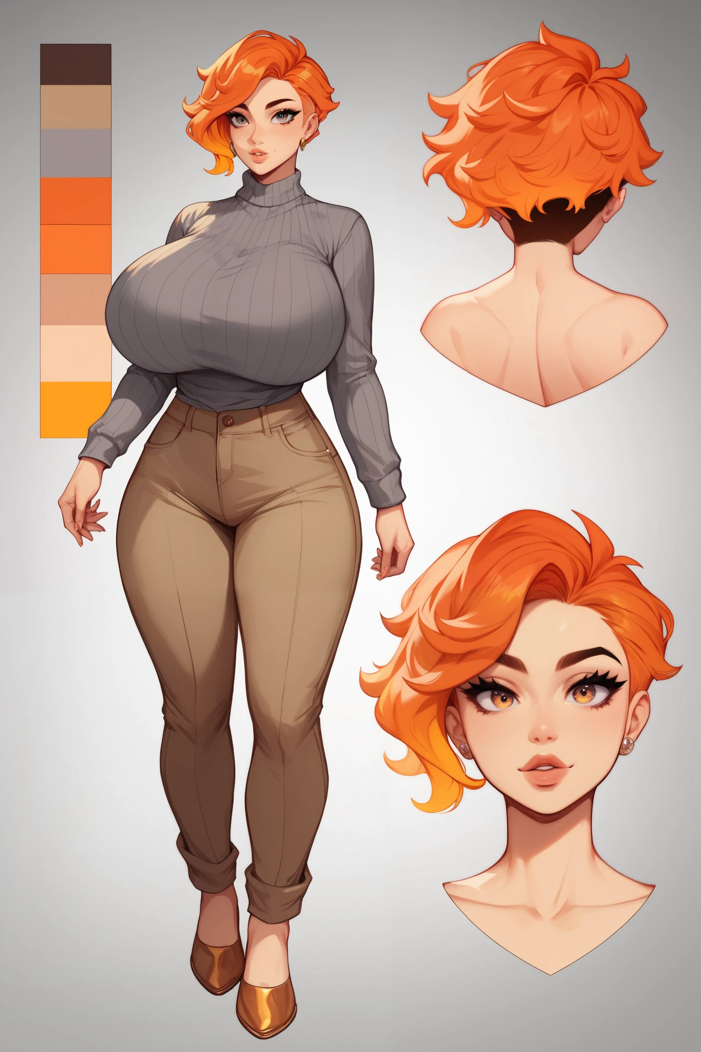 score_9, score_8_up, score_7_up, score_6_up, score_5_up, score_4_up, 1girl, orange hair, pixie haircut, bangs, sexy huge breasts, big neckline, big black eyelashes, stand front, big hipps, Gradient hair, orange aura, delicate brown shoes, gray sweater, elegant brown trousers, plum, Creative design,elegant bearing, full body, Reference sheet, Character sheet