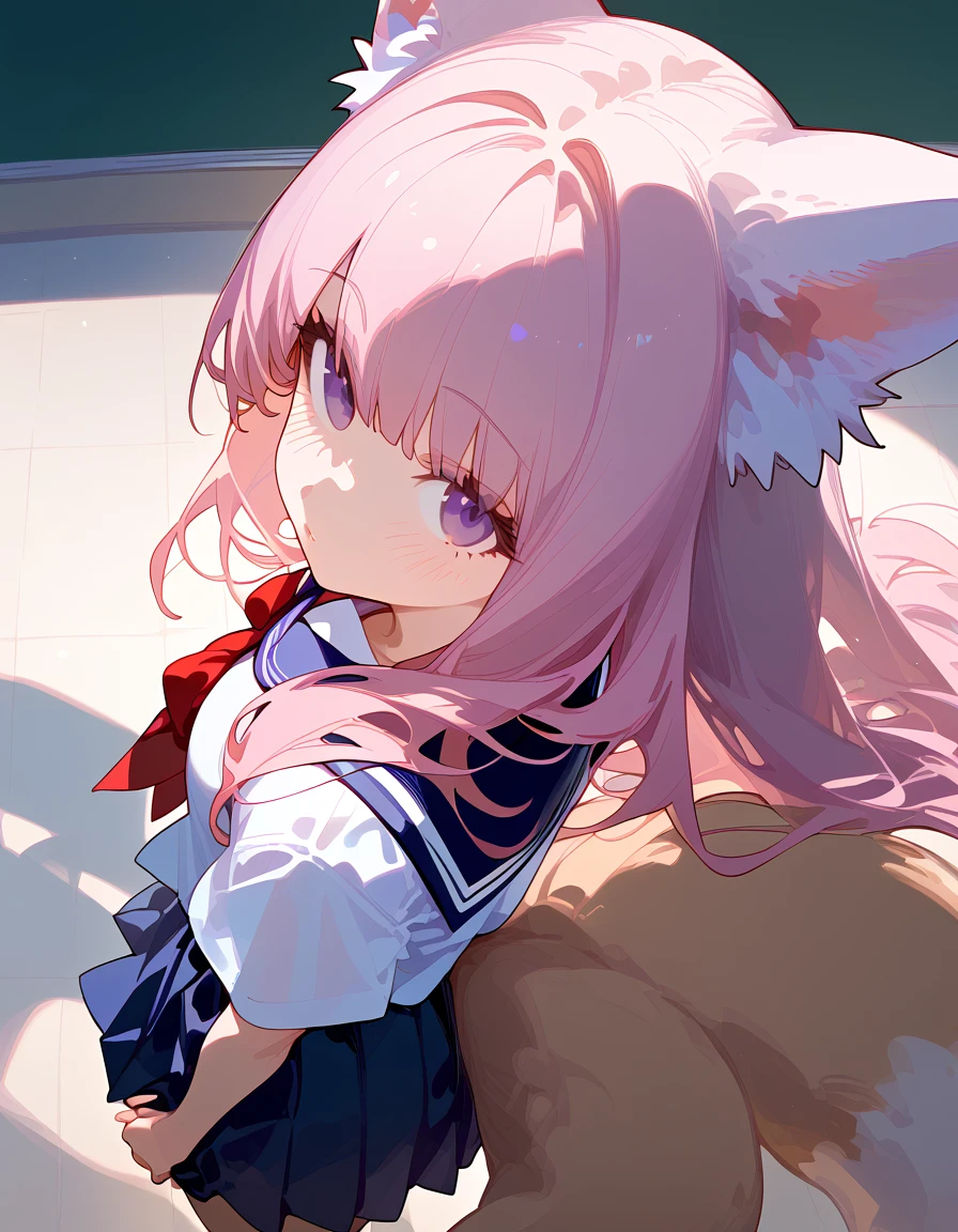 Beautiful anime girl, long pink hair, purple eyes, fox ears, fox tail, beautiful, ethereal, light skin, (school uniform:1.2), ultra detailed. score_9, score_8_above, score_7_above, looking at viewer, posing. +((☺️)) light blush.