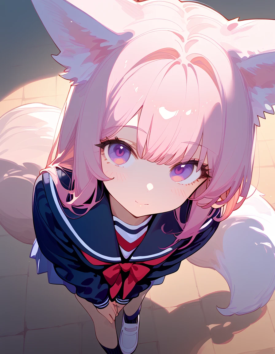 Beautiful anime girl, long pink hair, purple eyes, fox ears, fox tail, beautiful, ethereal, light skin, (school uniform:1.2), ultra detailed. score_9, score_8_above, score_7_above, looking at viewer, posing. +((☺️)) light blush.