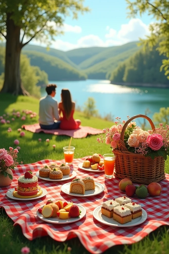 romantic setting, picnic in a landscape of pink tulips at sunset. Sin personas.