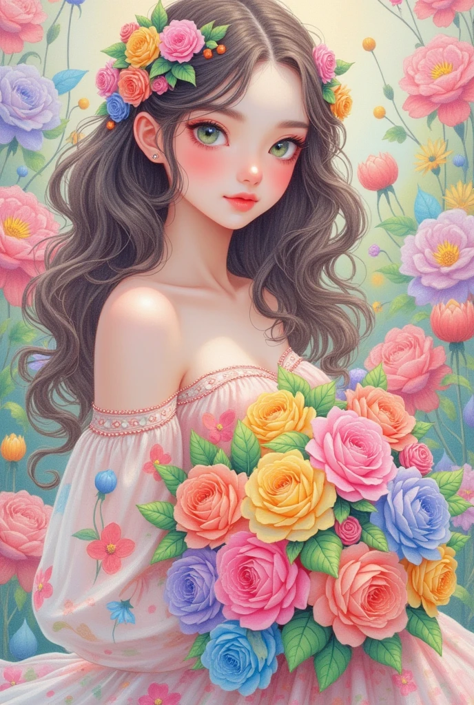 A beautiful girl with long, curly hair, big eyes, and gorgeous flowers in her hand - pink, green, yellow, blue, and purple roses. Colorful fantasy colors in a colored pencil drawing, in the style of anime, with high resolution, delicate details, and a colorful background in a fantasy style. Bright, colorful, and cute, with a pink blush, green eye shadow, a floral dress, and a dreamy, princess-like atmosphere.