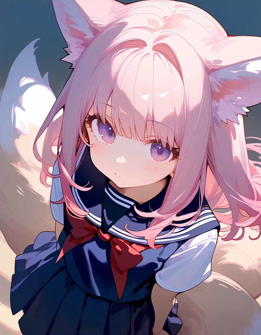 Beautiful anime girl, long pink hair, purple eyes, fox ears, fox tail, beautiful, ethereal, light skin, (school uniform:1.2), ultra detailed. score_9, score_8_above, score_7_above, looking at viewer, posing. +((☺️)) light blush. Cute