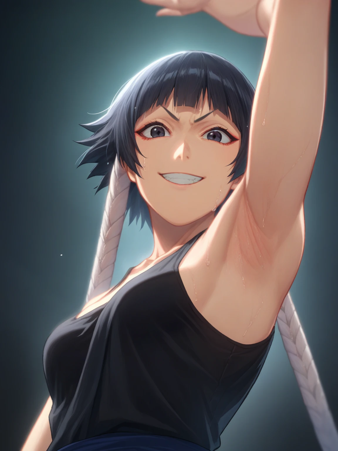 score_9, score_8_up, score_7_up, source_anime, anime screencap, black background, 1girl, solo, Soifon, black hair, short hair, black eyes, medium breasts, collarbone, shinigami outfit,, sleeveless, bare shoulders, looking at viewer, eye contact with viewer, evil smile, close mouth, arm up, raised arm, armpit, (from side, from below:1.1), sweaty armpits