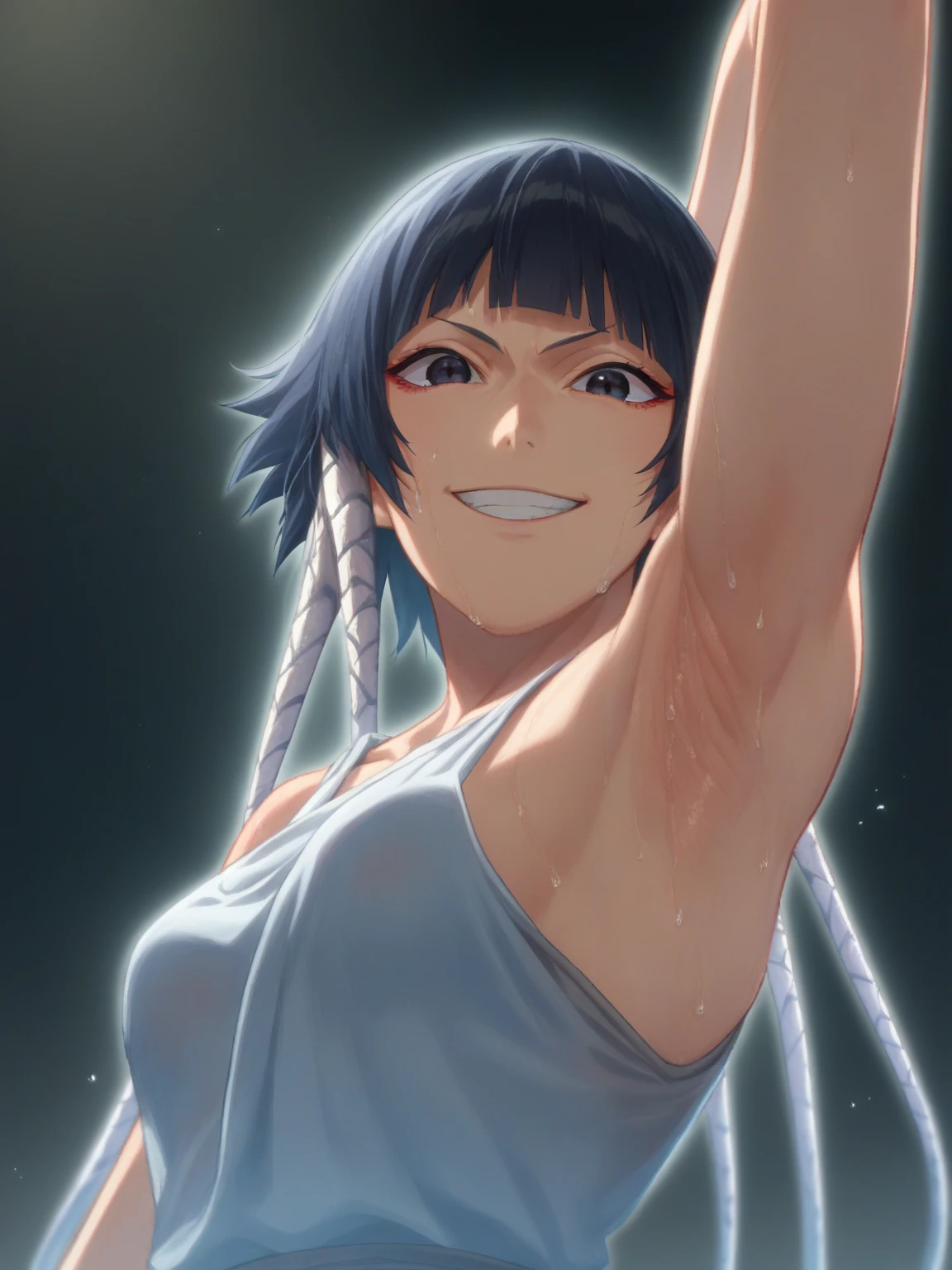 score_9, score_8_up, score_7_up, source_anime, anime screencap, black background, 1girl, solo, Soifon, black hair, short hair, black eyes, medium breasts, collarbone, shinigami outfit,, sleeveless, bare shoulders, looking at viewer, eye contact with viewer, evil smile, close mouth, arm up, raised arm, armpit, (from side, from below:1.1), sweaty armpits