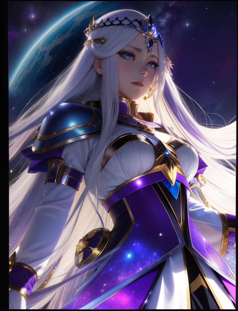 Name is Kana, Comet priestess watching over the moon and stars。Look up at the moon and smile as if praying。Blue eyes。Shoulder Costume。