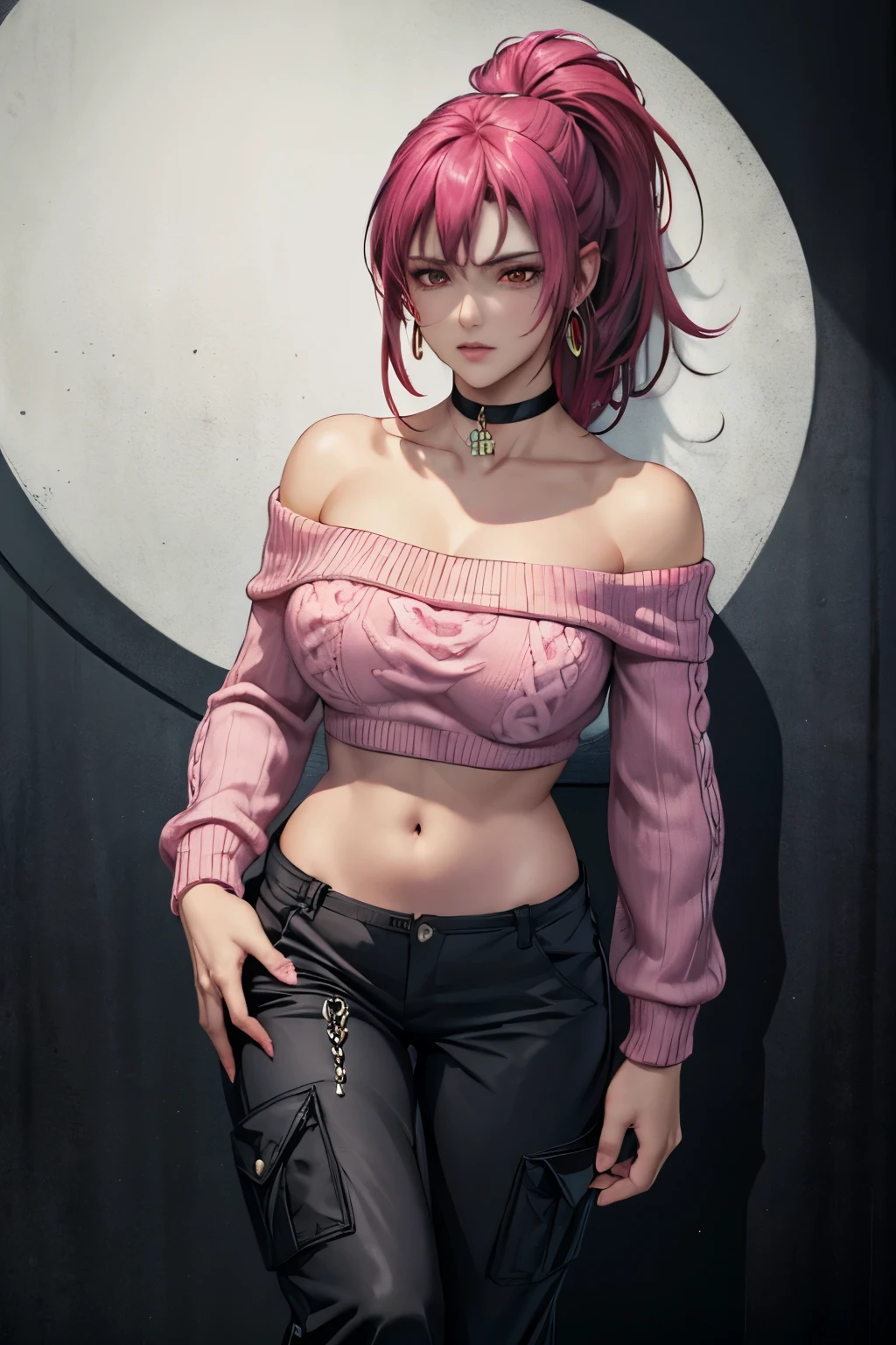 Leona Heidern, 1woman, breasts, solo, jewelry, red eyes, triangle earrings, leona heidern, crop top, ponytail, bright red hair, BREAK (pink theme:1.4), (vivid colors:1.3), (pink sweater:1.4), (long-sleeve:1.3), ((off shoulder, navel, stomach):1.3),BREAK (black theme:1.3), ((black oversized pants, black baggy pants):1.3), (black choker:1.2), (earrings:1.2), (lace-up boots:1.1),
(masterpiece), (highest quality), (Very detailed),(Disheveled Hair),(shape), (1 woman), (mature woman),30 years old,(Fashionable clothes), Are standing, View your audience, (interview), (Simple Background),Beautiful details, Delicate and beautiful face, floating,(High saturation),(Colorful splashes),Colorful bubbles,(The Shining), Focus on the face, (The Shining), Best lighting, Best Shadow,