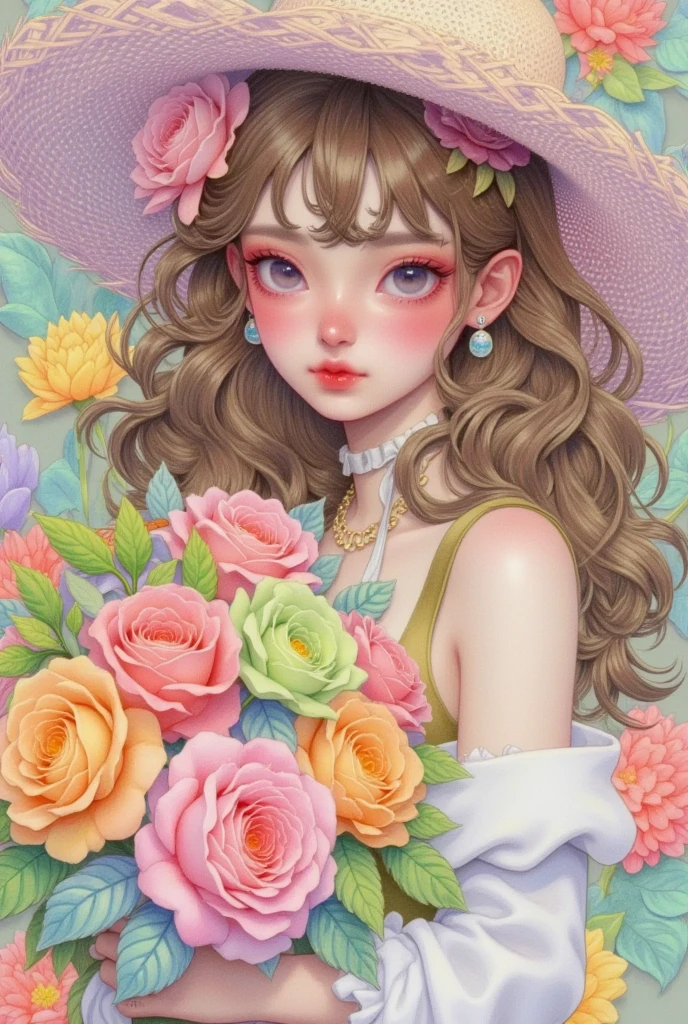 A beautiful girl with long, curly hair, big eyes, and gorgeous flowers in her hand - pink, green, yellow, blue, and purple roses. Colorful fantasy colors in a colored pencil drawing, in the style of anime, with high resolution, delicate details, and a colorful background in a fantasy style. Bright, colorful, and cute, with a pink blush, green eye shadow, a floral dress, and a dreamy, princess-like atmosphere.